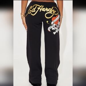 Ed Hardy Black Wide Leg Sweatpants Tattoo Skull Heart Logo Design Y2K Size XL